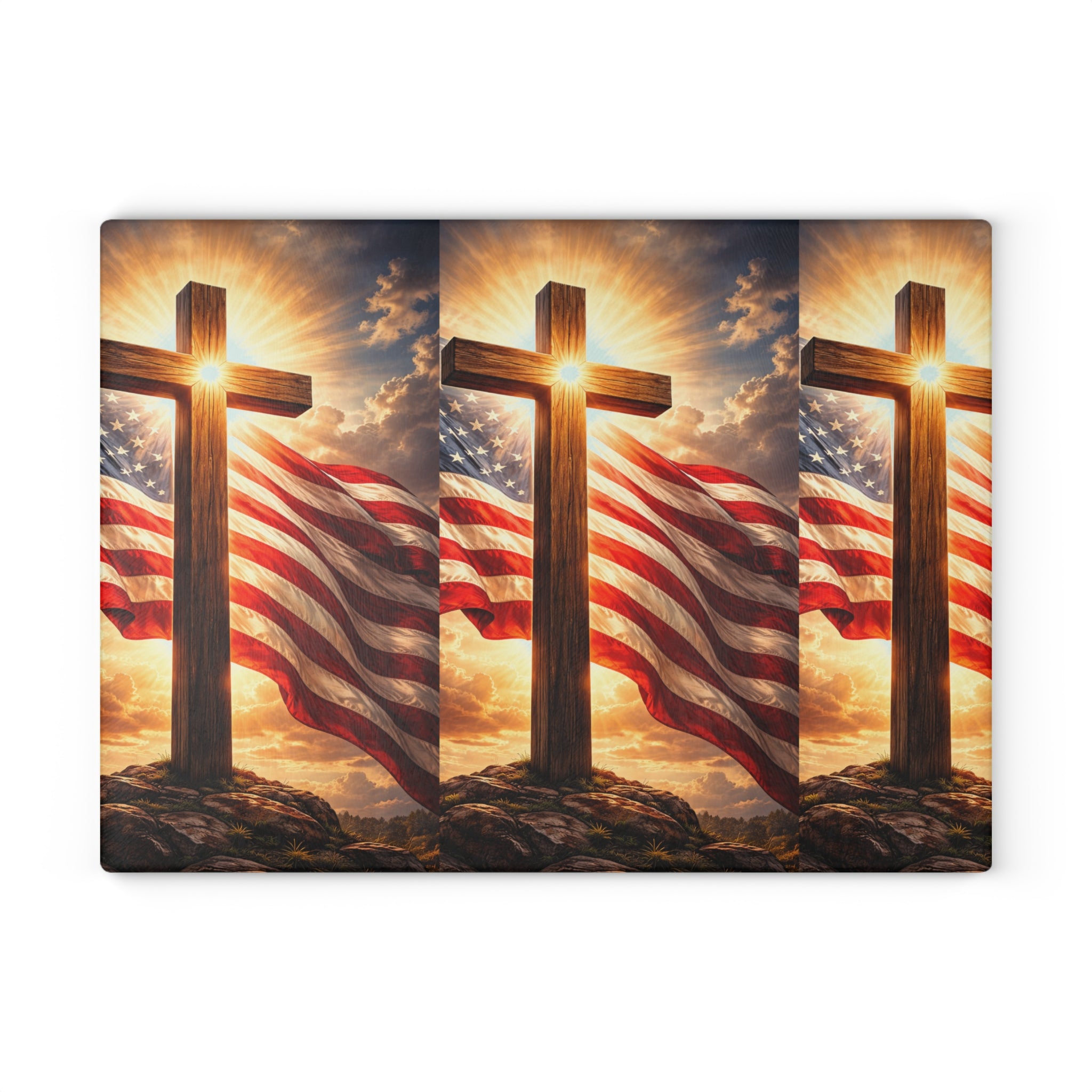 Patriotic Cross Glass Cutting Board – American Flag & Sunrise Christian Kitchen Decor