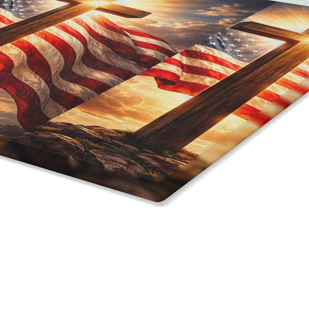 Patriotic Cross Glass Cutting Board – American Flag & Sunrise Christian Kitchen Decor