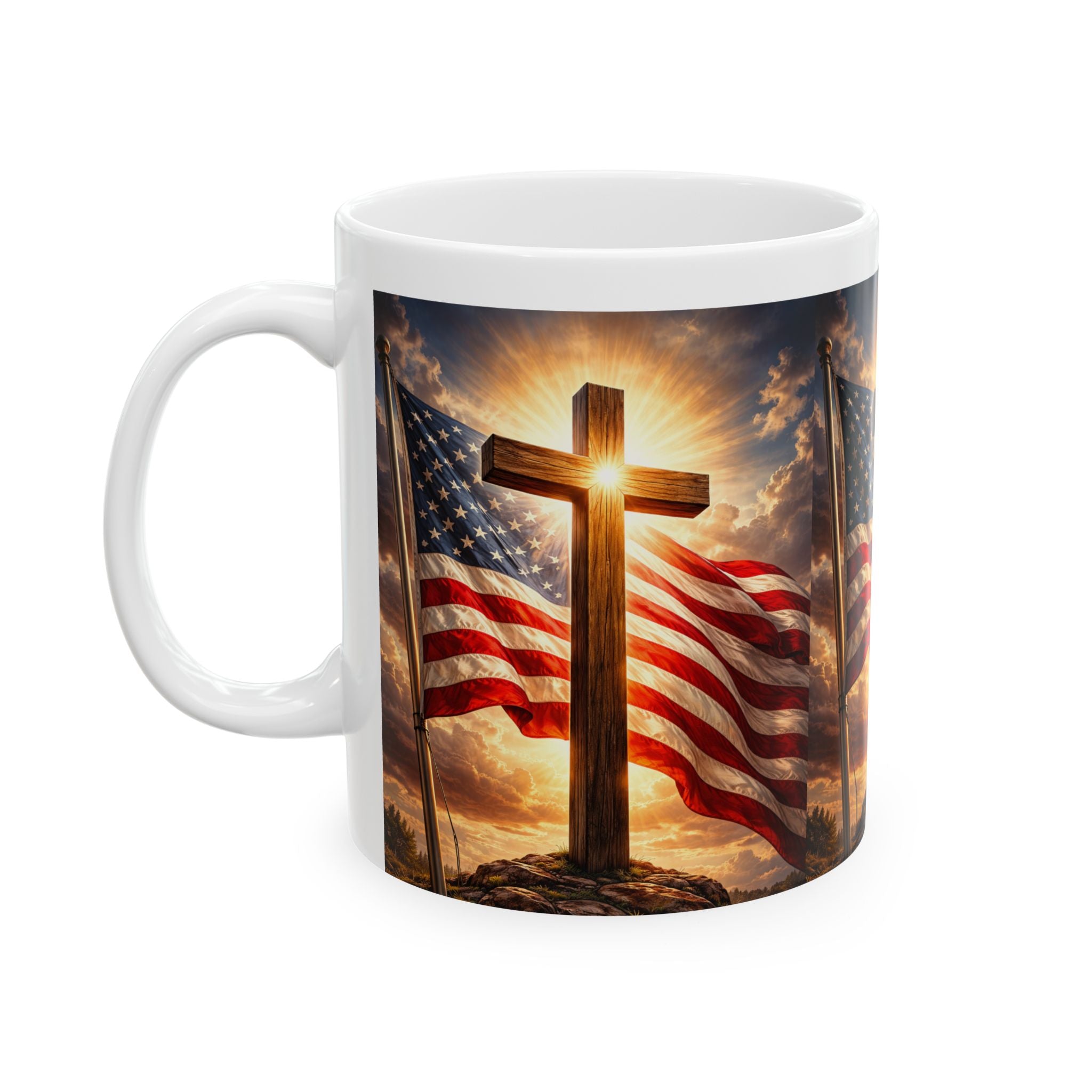 American Flag & Cross Ceramic Mug (11oz, 15oz)
