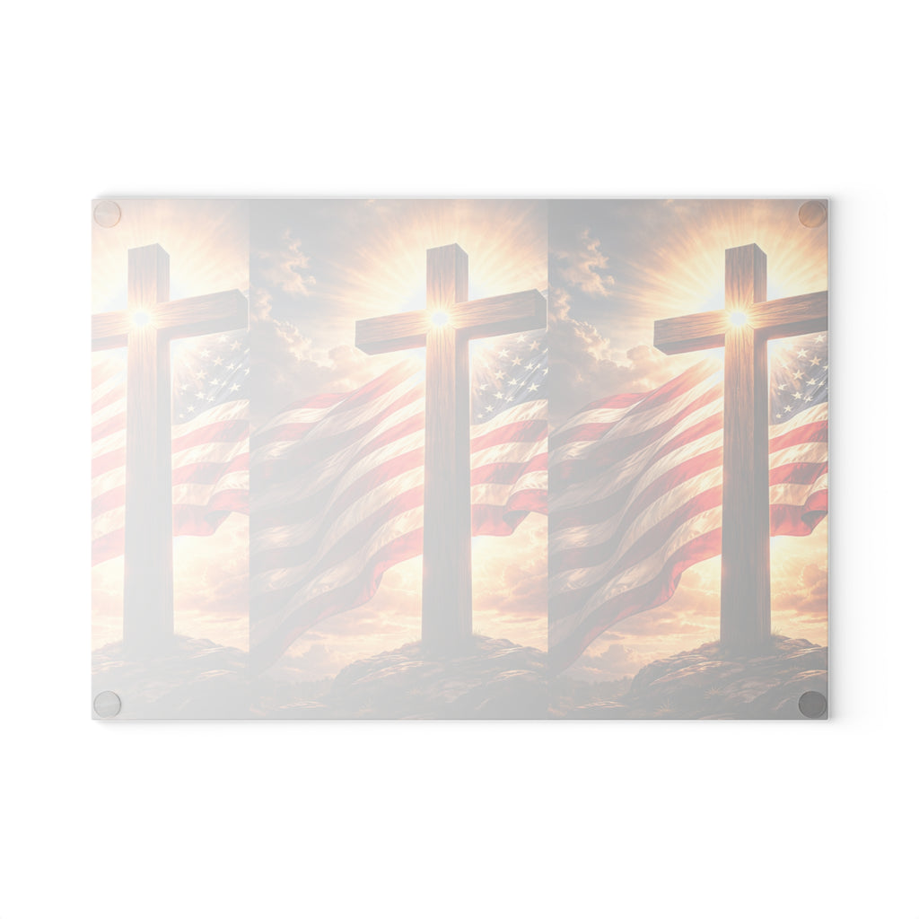 Patriotic Cross Glass Cutting Board – American Flag & Sunrise Christian Kitchen Decor