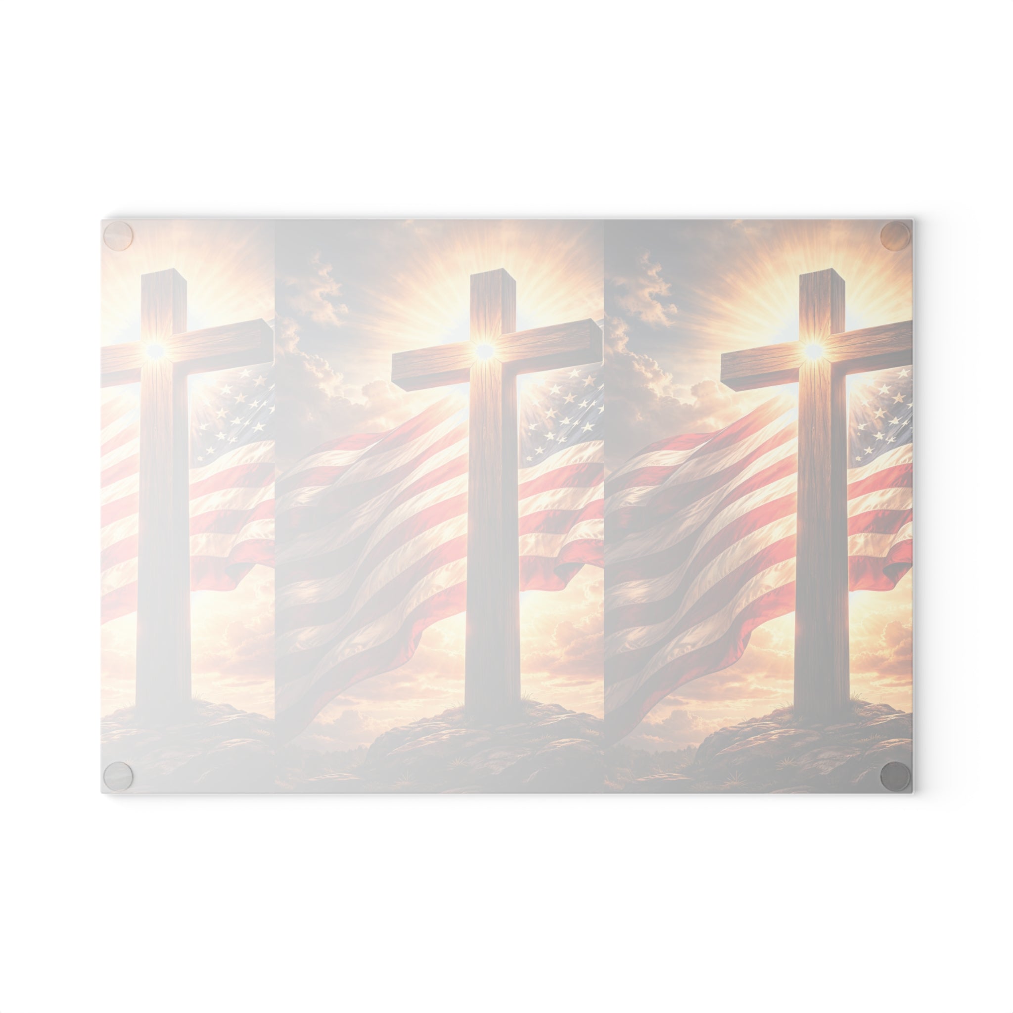 Patriotic Cross Glass Cutting Board – American Flag & Sunrise Christian Kitchen Decor