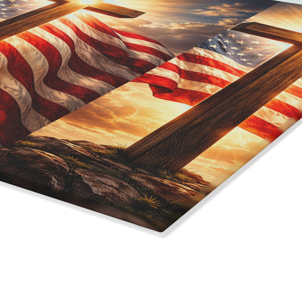 Patriotic Cross Glass Cutting Board – American Flag & Sunrise Christian Kitchen Decor