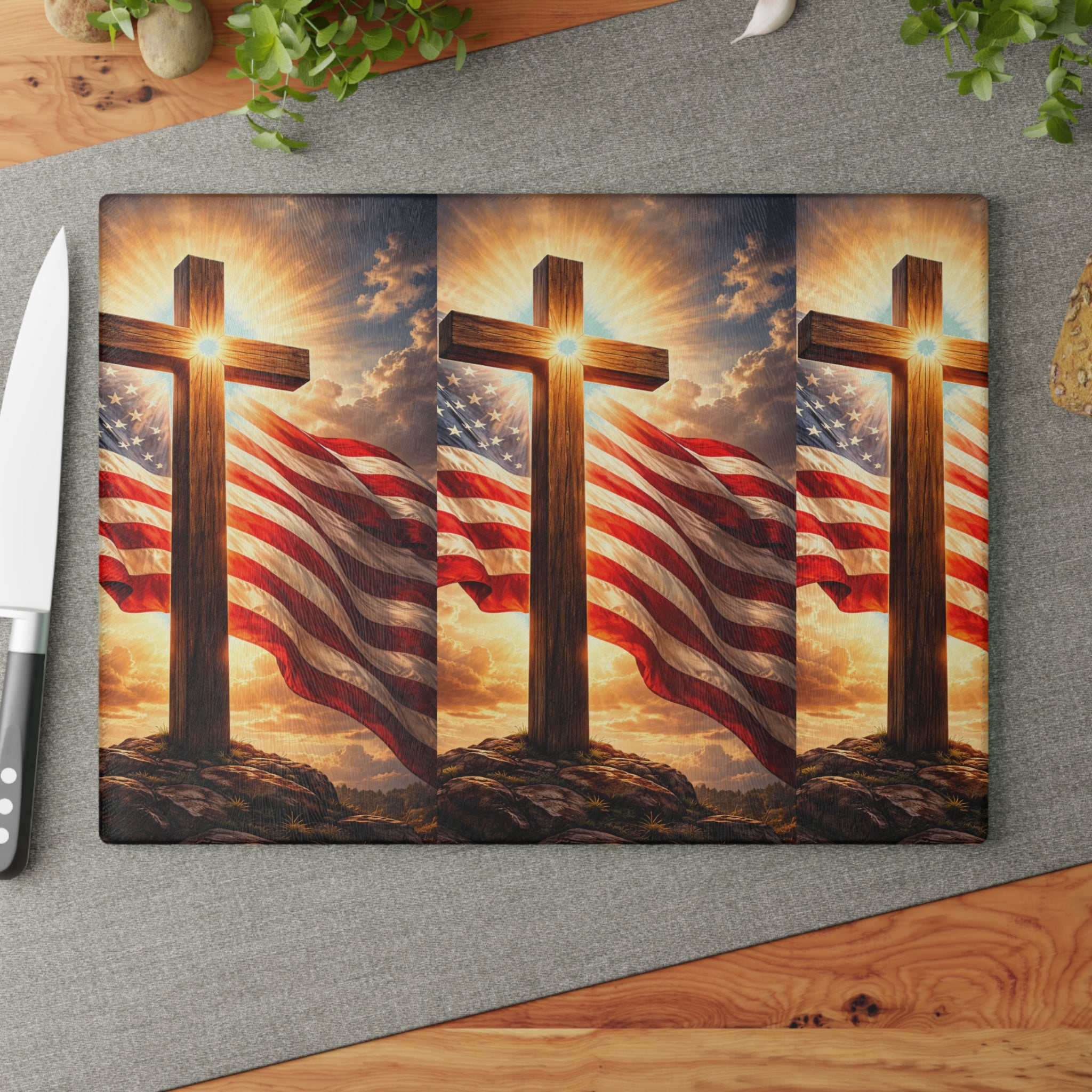 Patriotic Cross Glass Cutting Board – American Flag & Sunrise Christian Kitchen Decor