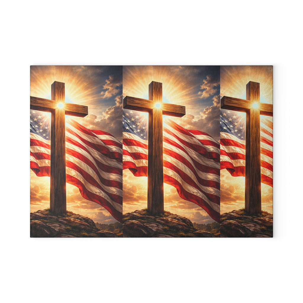 Patriotic Cross Glass Cutting Board – American Flag & Sunrise Christian Kitchen Decor