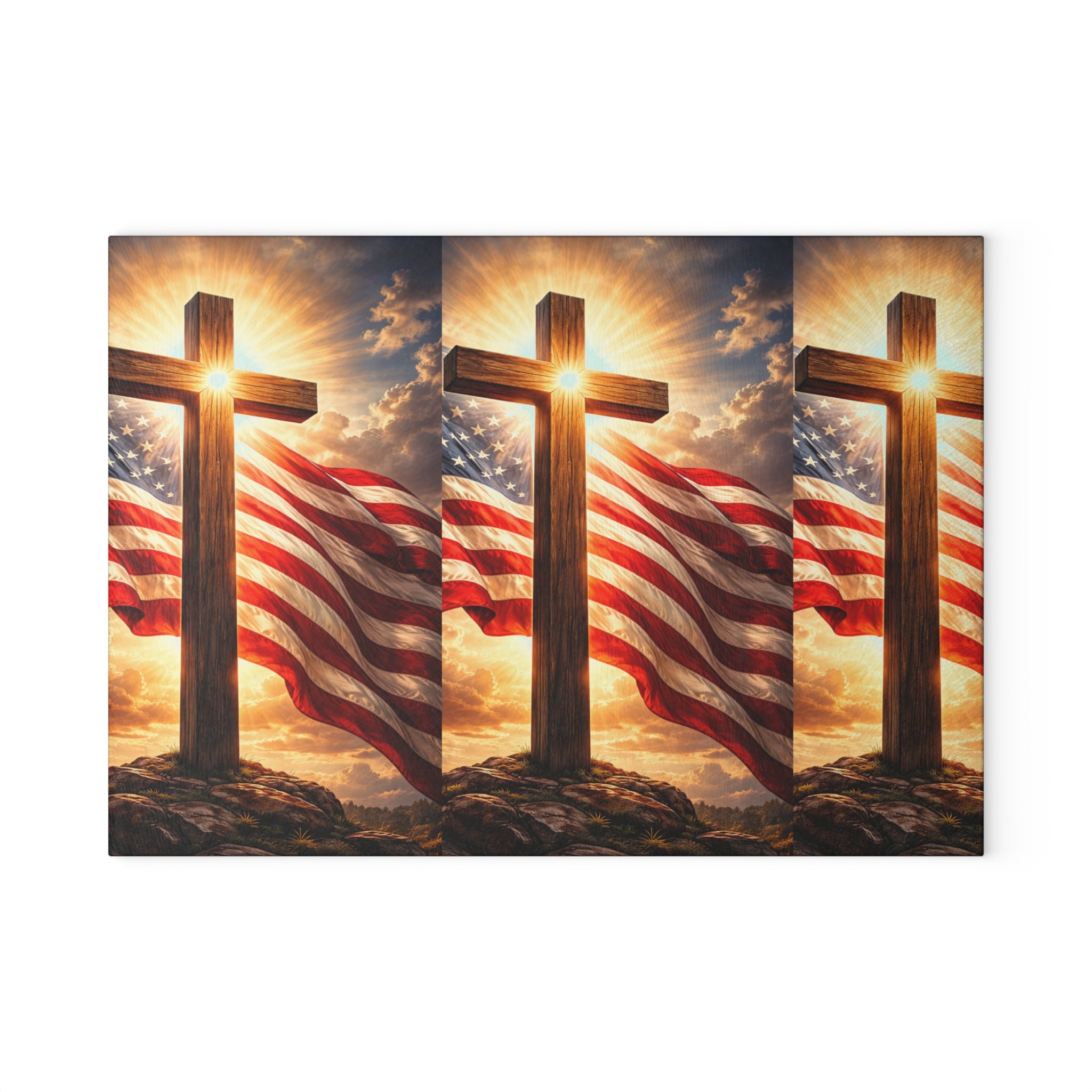 Patriotic Cross Glass Cutting Board – American Flag & Sunrise Christian Kitchen Decor
