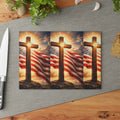 Patriotic Cross Glass Cutting Board – American Flag & Sunrise Christian Kitchen Decor