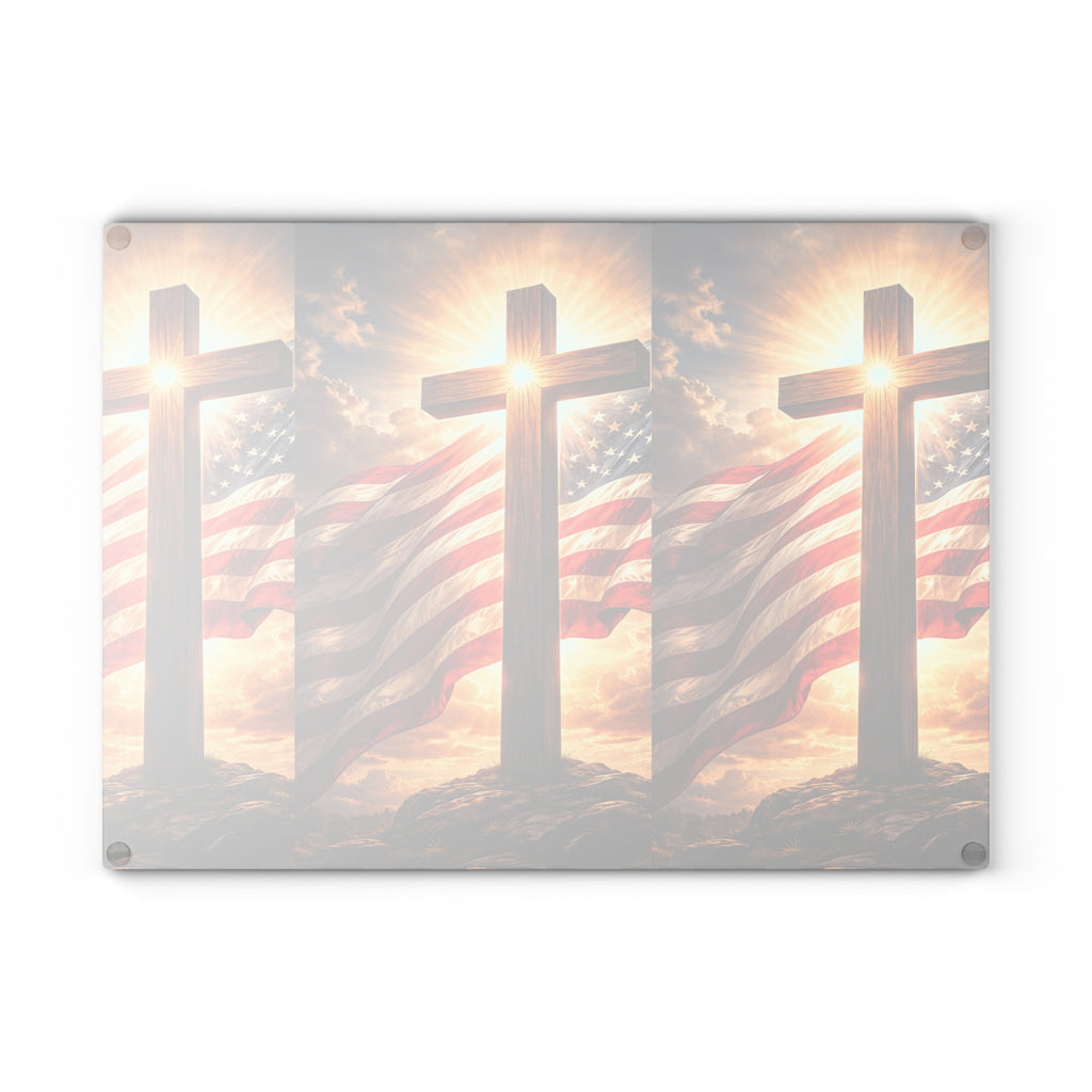 Patriotic Cross Glass Cutting Board – American Flag & Sunrise Christian Kitchen Decor