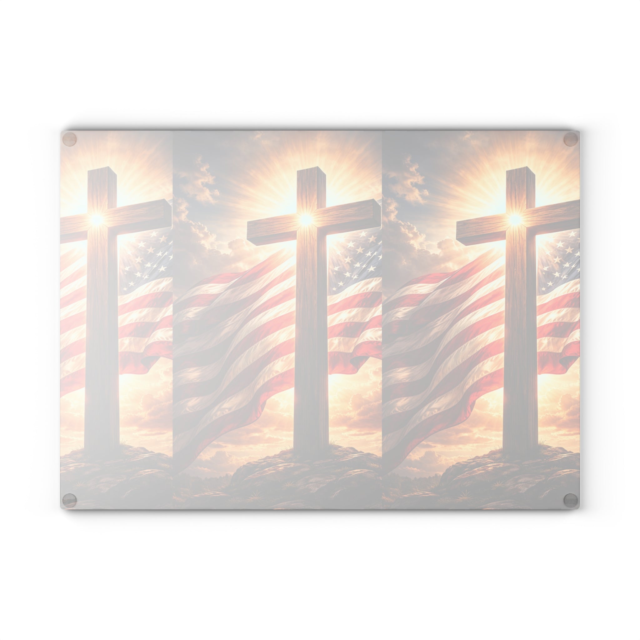 Patriotic Cross Glass Cutting Board – American Flag & Sunrise Christian Kitchen Decor
