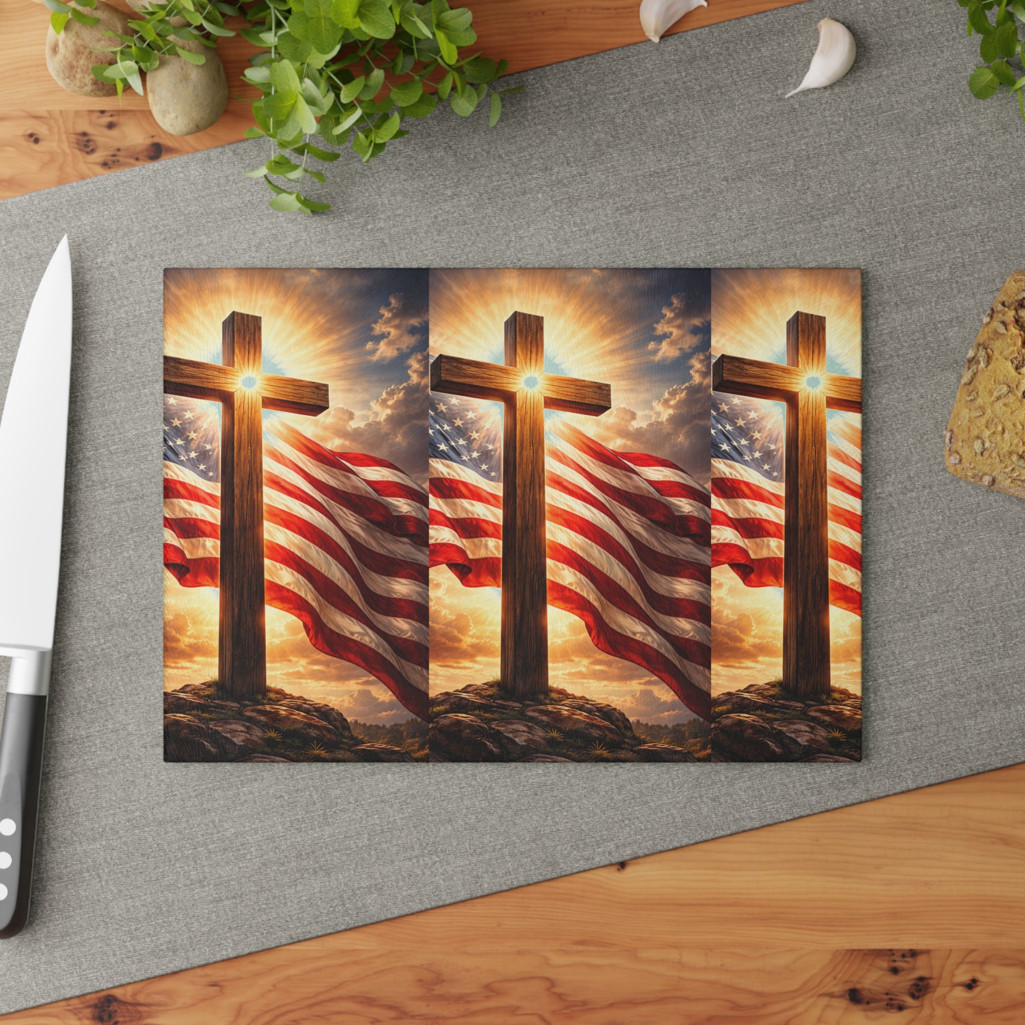 Patriotic Cross Glass Cutting Board – American Flag & Sunrise Christian Kitchen Decor