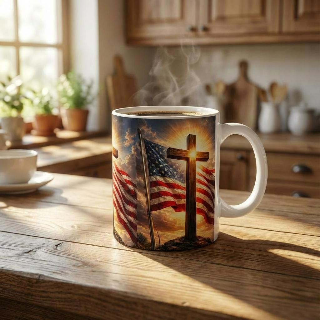 American Flag & Cross Ceramic Mug (11oz, 15oz)